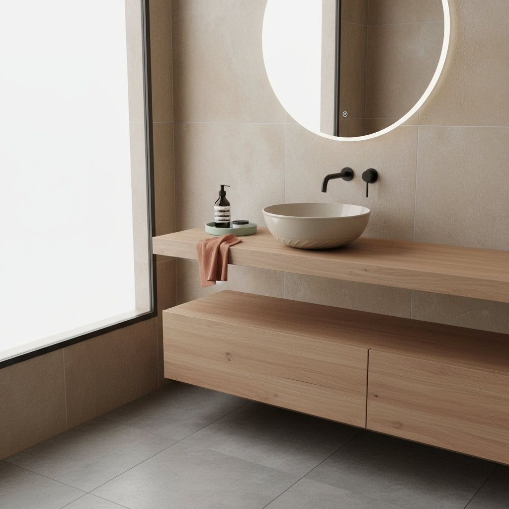 Lavabo da appoggio tondo Slim ceramica sabbia diametro 40 cm e altezza 14