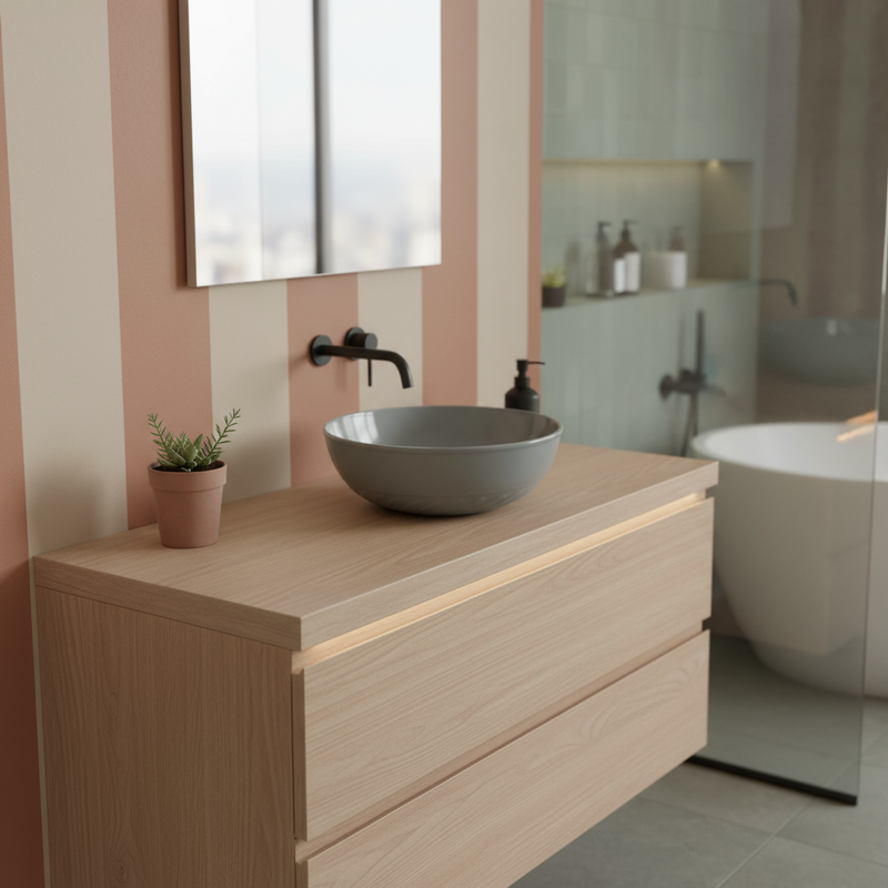 Lavabo da appoggio tondo Slim ceramica grigio cemento diametro 33 cm e altezza 14 cm