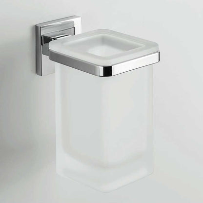 Porta Spazzolini di forma squadrata in ottone cromato con Bicchiere in vetro satinato Colombo Design collezione BasicQ Con fissaggio a tassello