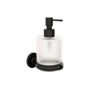 Dispenser sapone da incollo o da fissare a parete in ottone verniciato nero opaco e vetro acidato collezione Sebecà di Lineabeta 250ml by CeramicStore | Lo specialista del tuo bagno