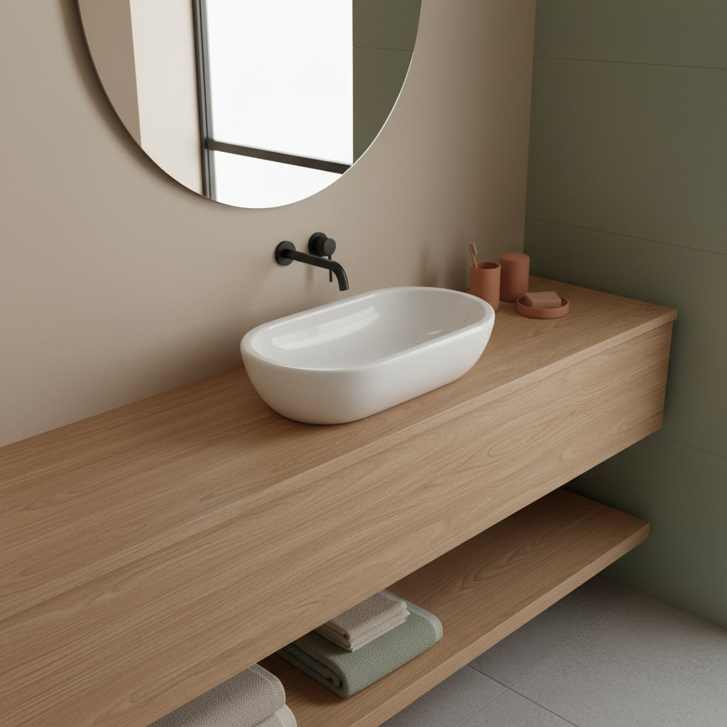 Lavabo ciotola da appoggio in ceramica serie M2 di Ceramica Galassia -  Bianco lucido 70x37xh15 cm