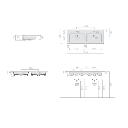 Lavabo doppia vasca ad incasso/sospeso serie Eden di Ceramica Galassia - Bianco lucido 121x46cm by CeramicStore | Lo specialista del tuo bagno