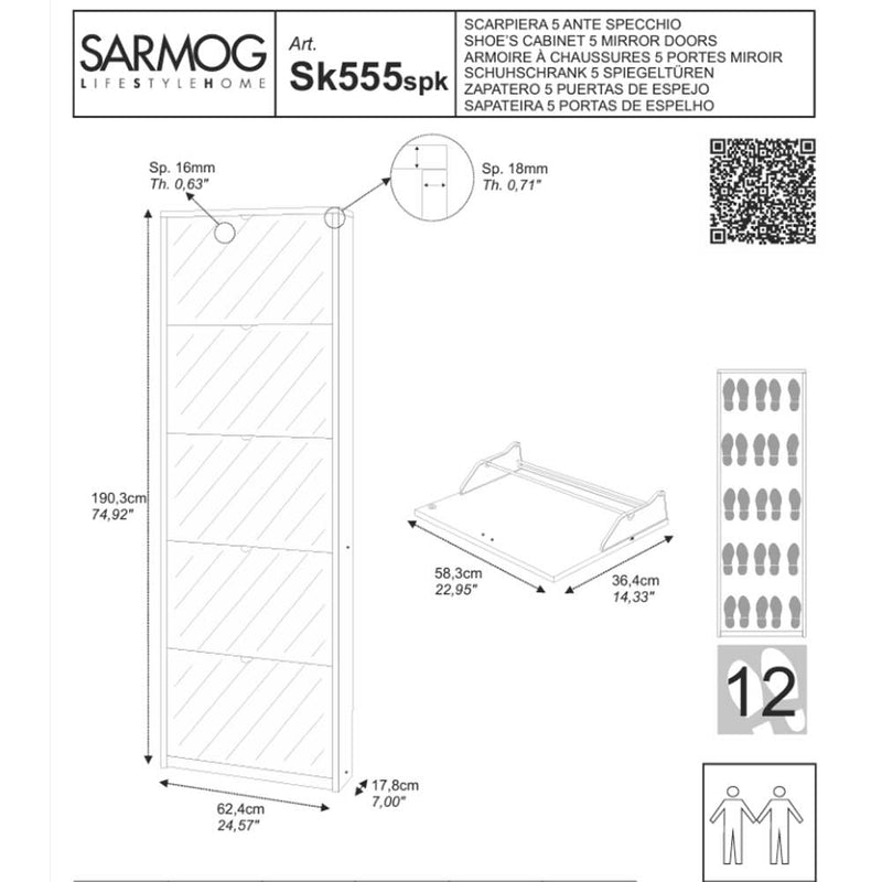 Elegante scarpiera a 5 ante con maniglia satinata finitura Olmo Chiaro / Specchio Naturale by Sarmog by CeramicStore | Lo specialista del tuo bagno