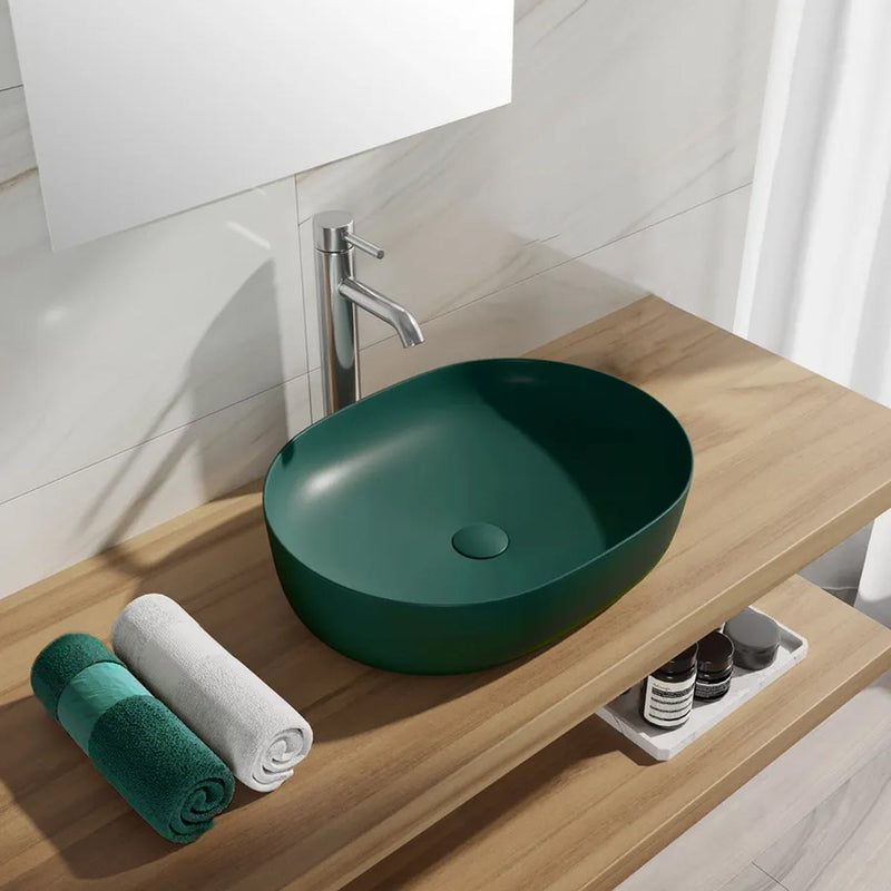 Lavabo da appoggio Slim ovale BathCore serie Viva 49x35,5 cm senza troppopieno - Verde opaco