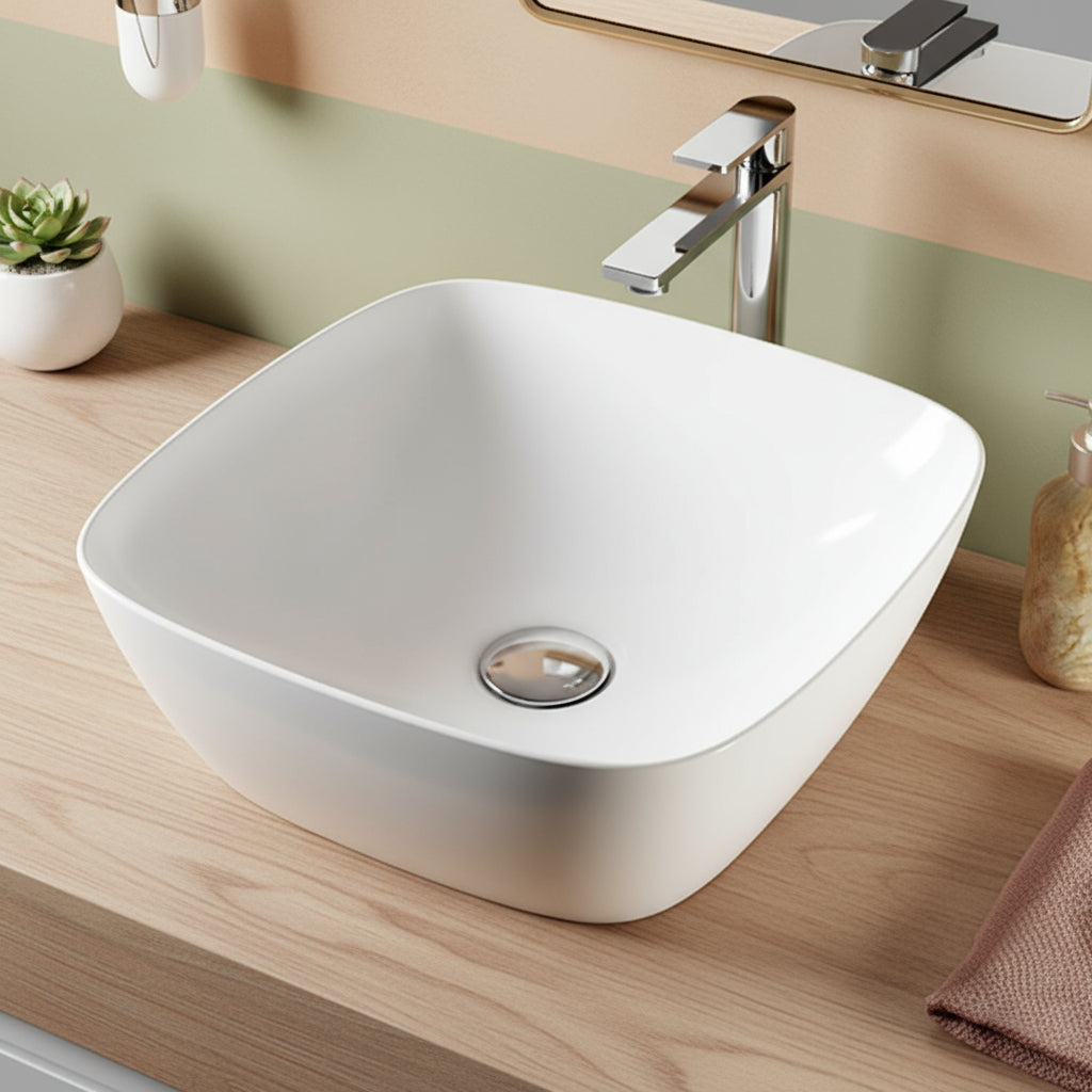 Lavabo da appoggio quadrato con angoli smussati in ceramica bianco lucido serie CTL cm 40x40