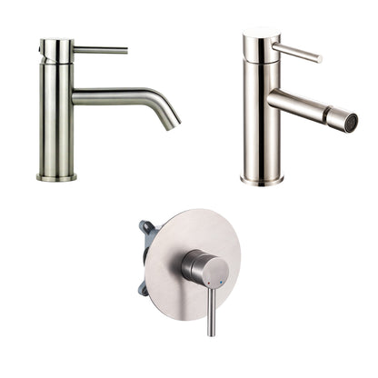 Composizione di miscelatori per lavabo, bidet e doccia a una via serie TriaSix in acciaio 316 spazzolato by CeramicStore | Lo specialista del tuo bagno