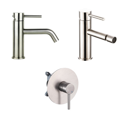 Composizione di miscelatori per lavabo, bidet e doccia a una via serie TriaSix in acciaio 316 spazzolato by CeramicStore | Lo specialista del tuo bagno