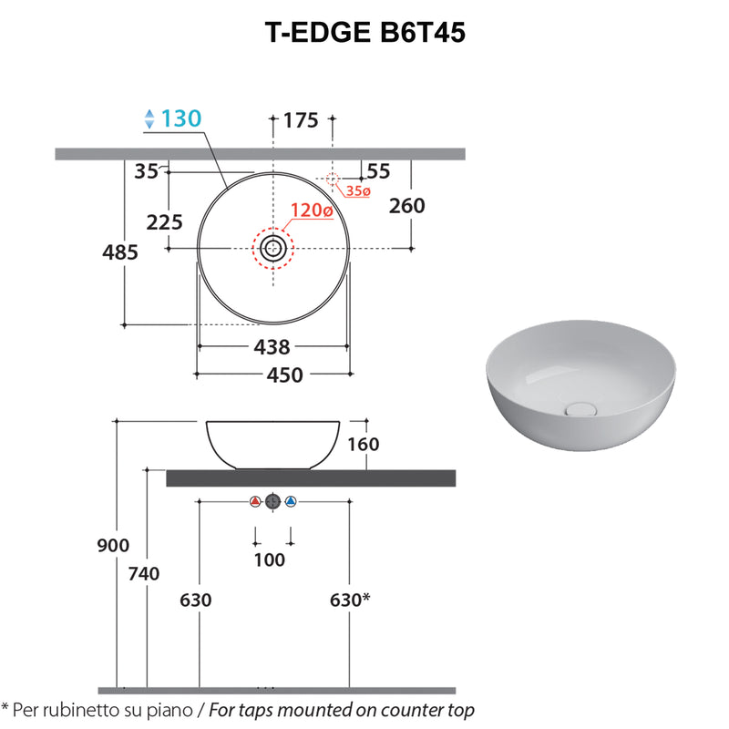 Lavabo da appoggio bianco opaco Ceramica Globo T-Edge à˜ 45 h.16 cm
