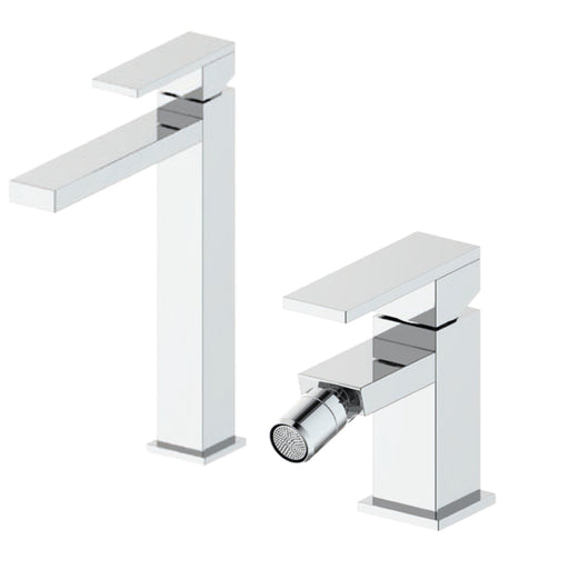 Composizione RubiFlux Square con miscelatore lavabo alto+ bidet ottone cromo con pilette di scarico by CeramicStore | Lo specialista del tuo bagno
