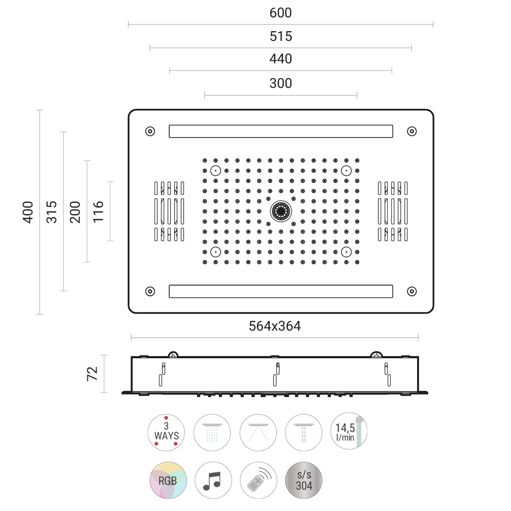 Soffione doccia ad incasso 40x60 cm 3 vie con cromoterapia bluetooth e telecomando by CeramicStore | Lo specialista del tuo bagno