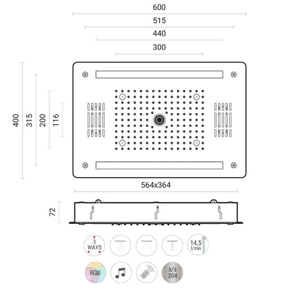 Soffione doccia ad incasso 40x60 cm 3 vie con cromoterapia bluetooth e telecomando by CeramicStore | Lo specialista del tuo bagno