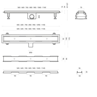 Canalina doccia incasso rettangolare 60x7 cm con cover predisposta per piastrella e flange di supporto by CeramicStore | Lo specialista del tuo bagno