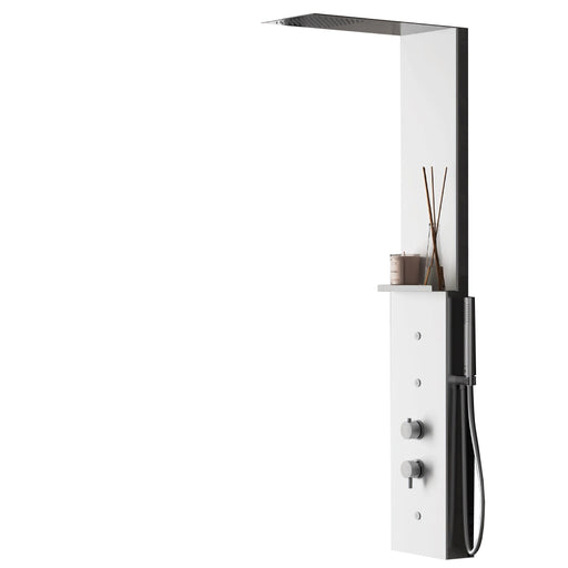 Pannello doccia multifunzionale B-White 135x49 cm acciaio spazzolato con mensola e cover bianca by CeramicStore | Lo specialista del tuo bagno