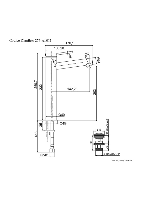 Miscelatore monocomando lavabo Alto senza scarico Nero Opaco Argo collezione Alba