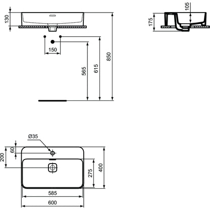 Lavabo d'appoggio 60x40 Ideal Standard Strada II con foro rubinetto