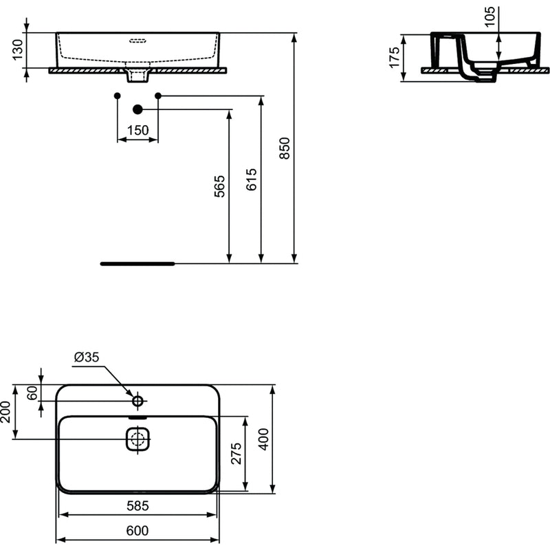Lavabo d'appoggio 60x40 Ideal Standard Strada II con foro rubinetto