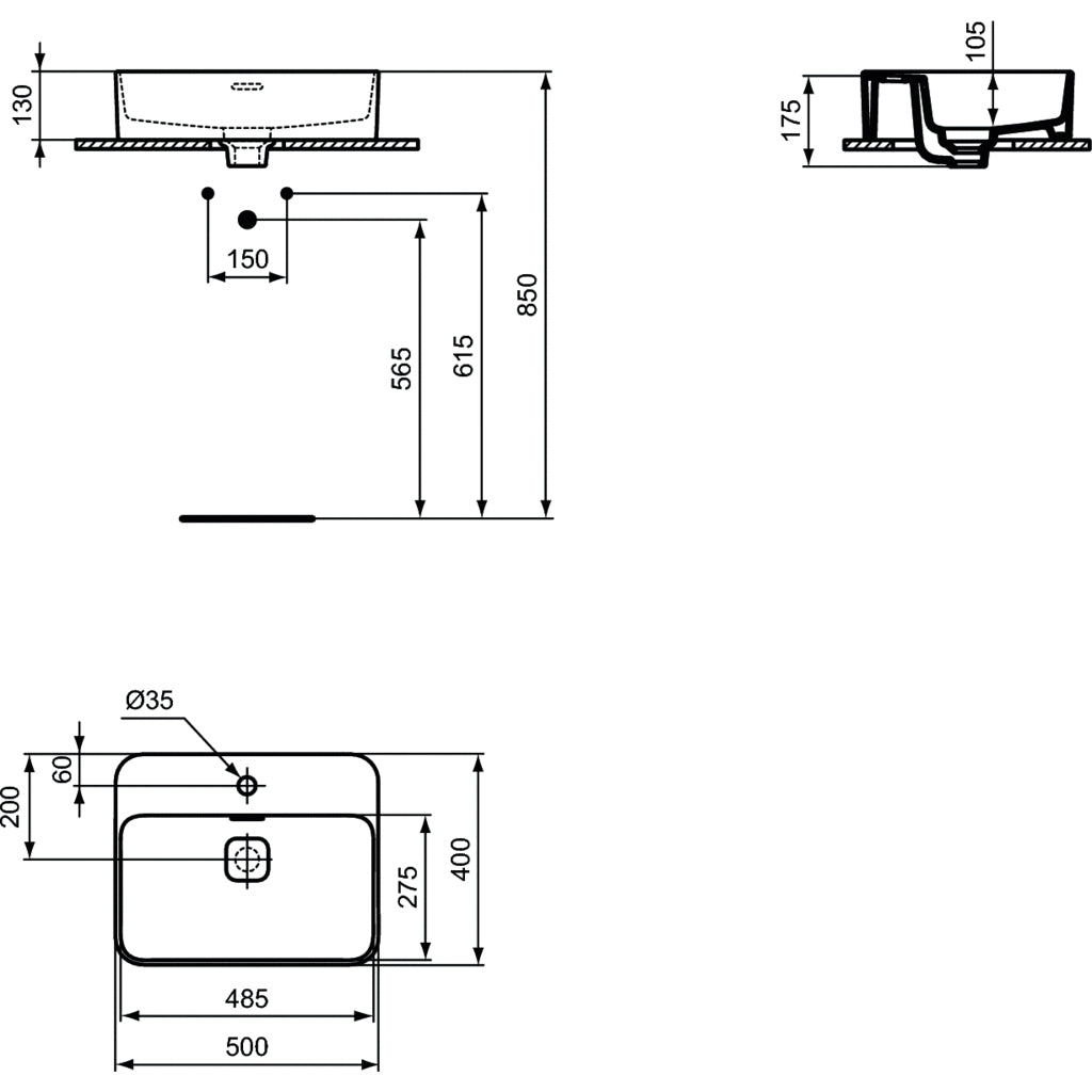 Lavabo d'appoggio 50x40 Ideal Standard Strada II con foro rubinetto