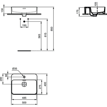 Lavabo d'appoggio 50x40 Ideal Standard Strada II con foro rubinetto