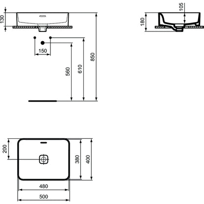 Lavabo d'appoggio 50x40 Ideal Standard Strada II senza foro rubinetto