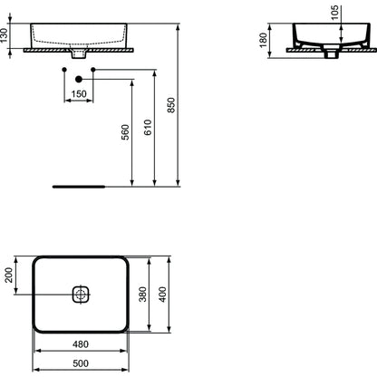 Lavabo d'appoggio 50x40 Ideal Standard Strada II senza foro rubinetto e troppopieno