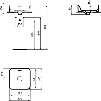 Lavabo d'appoggio 40x40 Ideal Standard Strada II senza foro rubinetto