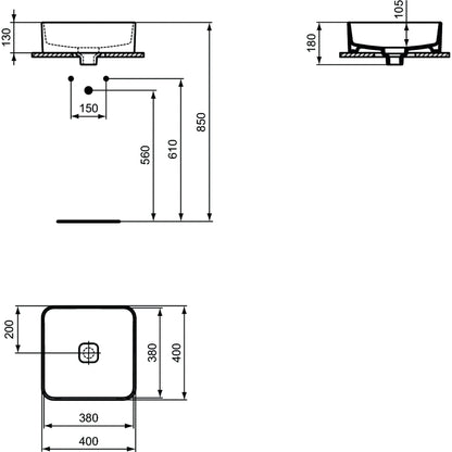 Lavabo d'appoggio 40x40 Ideal Standard Strada II senza foro rubinetto e troppopieno