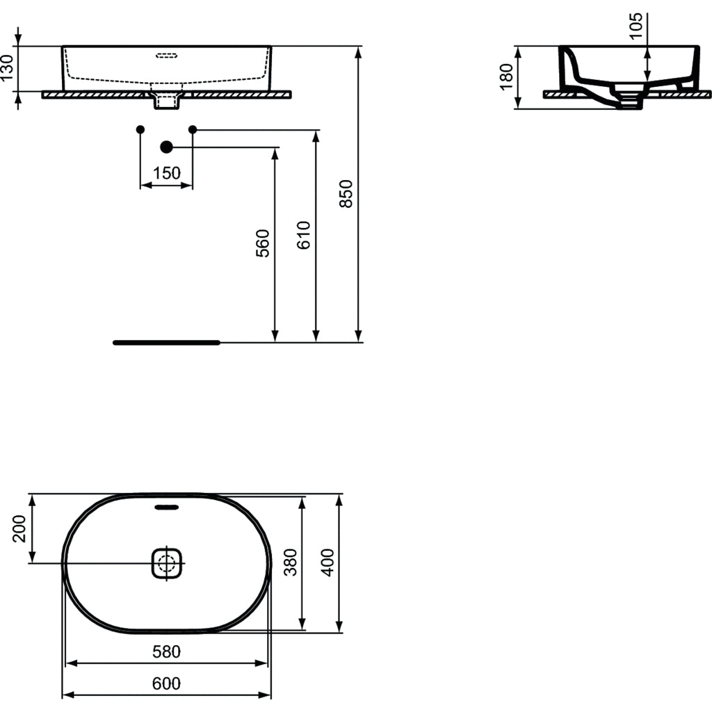 Lavabo d'appoggio 60x40 Ideal Standard Strada II con troppopieno e senza foro rubinetto