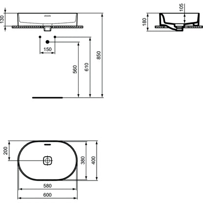 Lavabo d'appoggio 60x40 Ideal Standard Strada II con troppopieno e senza foro rubinetto
