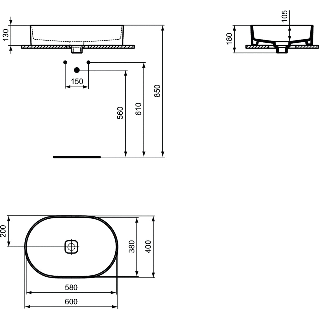 Lavabo d'appoggio 60x40 Ideal Standard Strada II senza troppopieno e foro rubinetto