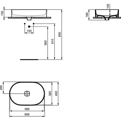 Lavabo d'appoggio 60x40 Ideal Standard Strada II senza troppopieno e foro rubinetto