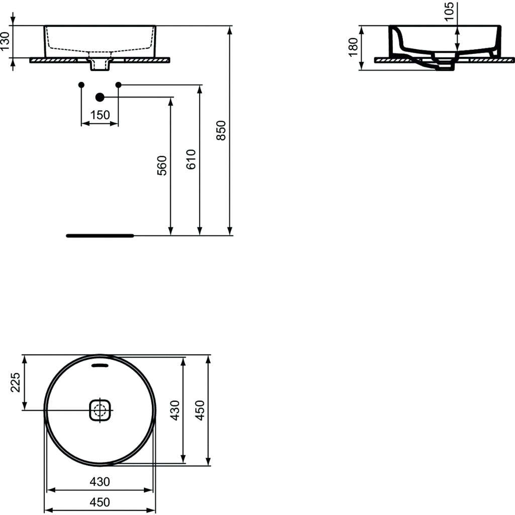 Lavabo d'appoggio 45x45 Ideal Standard Strada II con troppopieno e senza foro rubinetto