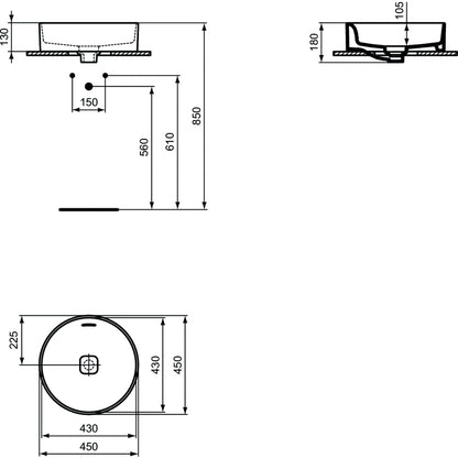 Lavabo d'appoggio 45x45 Ideal Standard Strada II con troppopieno e senza foro rubinetto