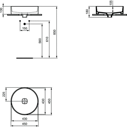 Lavabo d' appoggio 45x45 Ideal Standard Strada II senza foro rubinetto e troppopieno