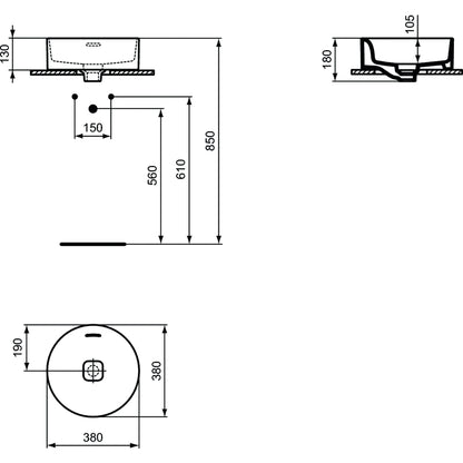 Lavabo d'appoggio 38x38 Ideal Standard Strada II con troppopieno e senza foro rubinetto