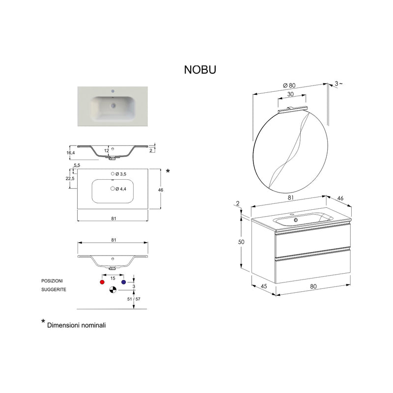 Composizione bagno sospesa Nexu 2 cassetti con lavabo specchio con lampada LED 80x50 cm grigio caldo by CeramicStore | Lo specialista del tuo bagno