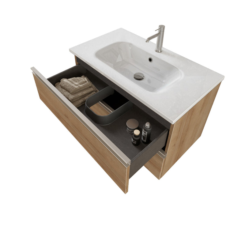 Composizione bagno sospesa Nexu 2 cassetti con lavabo specchio con lampada LED 80x50 cm rovere naturale by CeramicStore | Lo specialista del tuo bagno