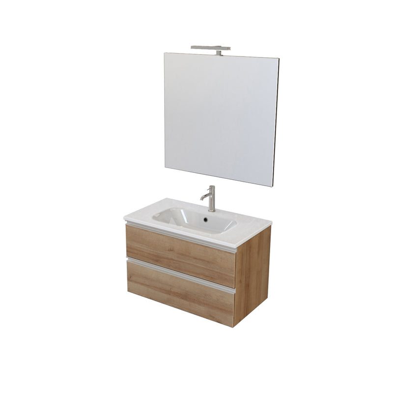 Composizione bagno sospesa Nexu 2 cassetti con lavabo specchio con lampada LED 80x50 cm rovere naturale by CeramicStore | Lo specialista del tuo bagno