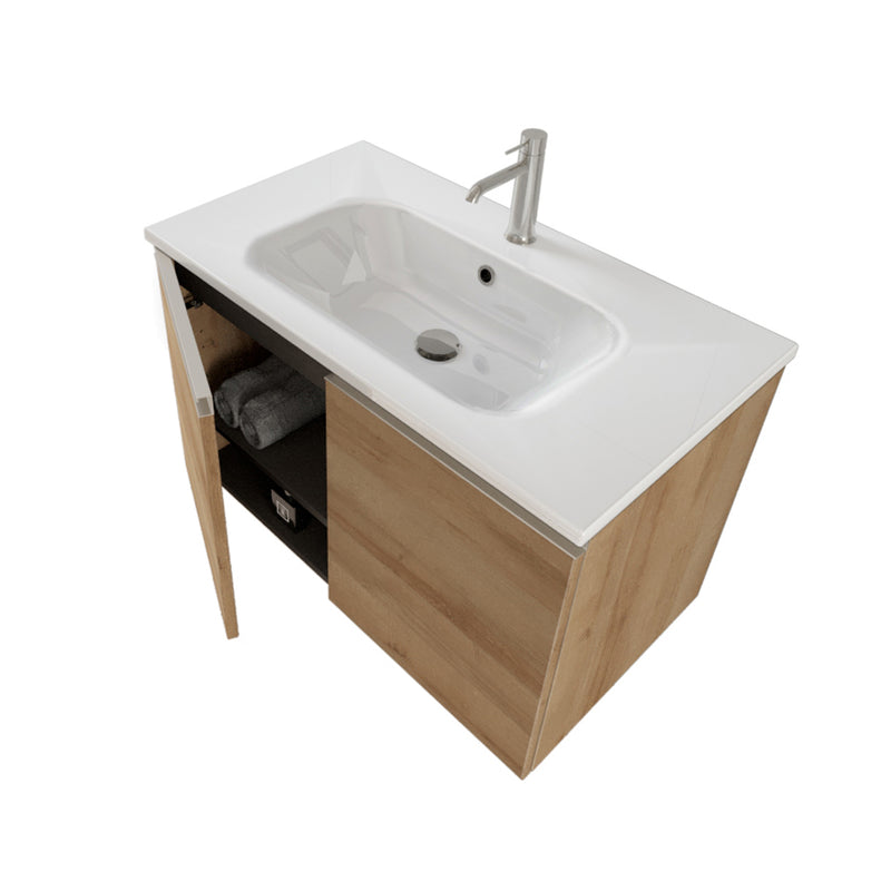 Composizione bagno sospesa Nexu 2 ante con lavabo specchio con lampada LED 80x50 cm rovere by CeramicStore | Lo specialista del tuo bagno