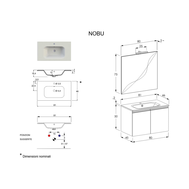Composizione bagno sospesa Nexu 2 ante con lavabo specchio con lampada LED 80x50 cm rovere by CeramicStore | Lo specialista del tuo bagno