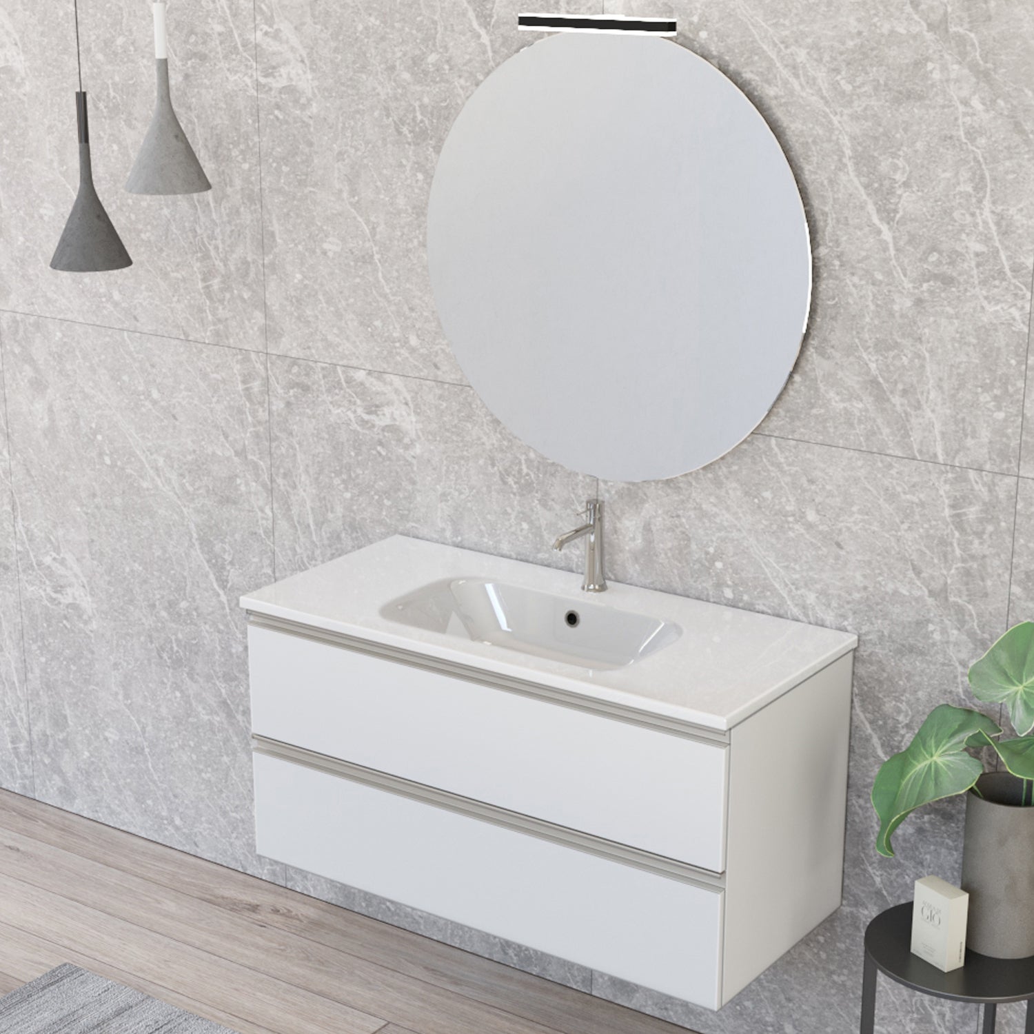 Composizione bagno sospesa Nexu 2 cassetti con lavabo specchio con lampada LED 100x50 cm bianco by CeramicStore | Lo specialista del tuo bagno