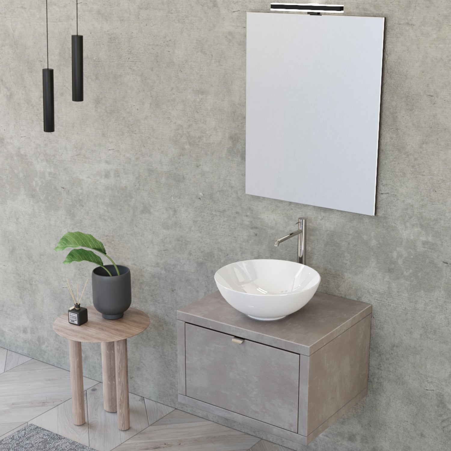 Composizione bagno sospesa Nyumba a 1 cassetto con lavabo, specchio e lampada LED 60x40 cm grigio caldo by CeramicStore | Lo specialista del tuo bagno