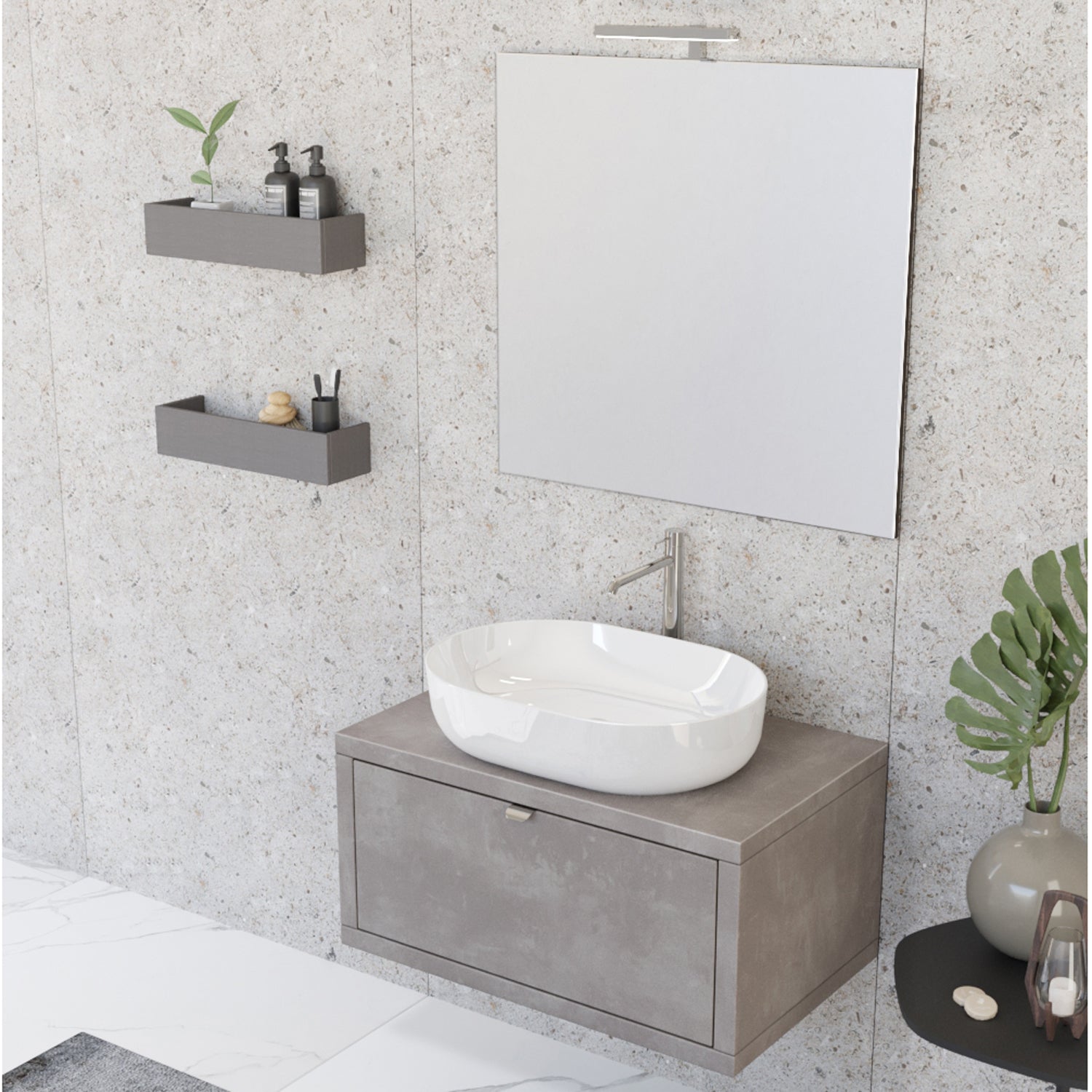 Composizione bagno sospesa Nyumba a 1 cassetto con lavabo, specchio e lampada LED 80x40 cm grigio caldo by CeramicStore | Lo specialista del tuo bagno