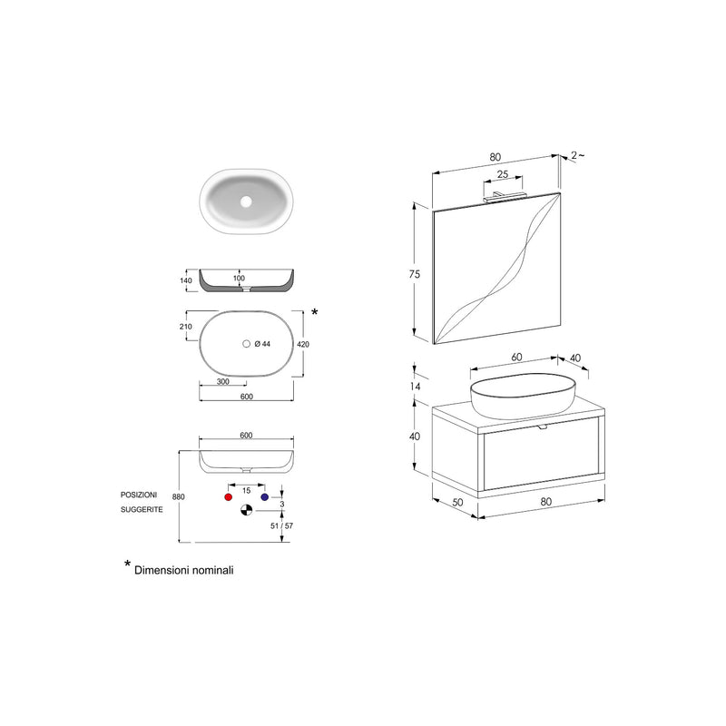 Composizione bagno sospesa Nyumba a 1 cassetto con lavabo, specchio e lampada LED 80x40 cm grigio caldo by CeramicStore | Lo specialista del tuo bagno