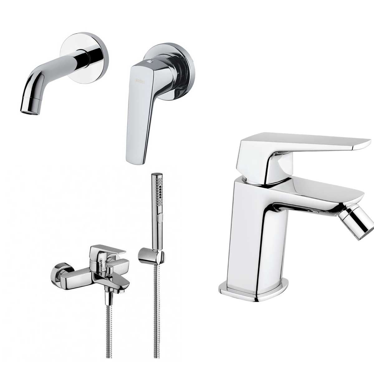 Set di Miscelatori Vasca con Set Doccia, Lavabo incasso a parete e Bidet con scarico finitura cromata collezione Spartaco di Mamoli Rubinetterie by CeramicStore | Lo specialista del tuo bagno