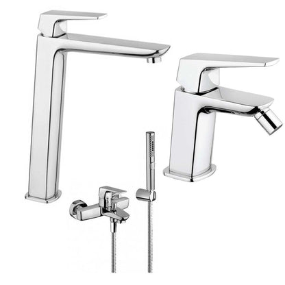 Set di Miscelatori Vasca con set Doccia, Lavabo Alto e Bidet con scarico finitura cromata collezione Spartaco di Mamoli Rubinetterie by CeramicStore | Lo specialista del tuo bagno