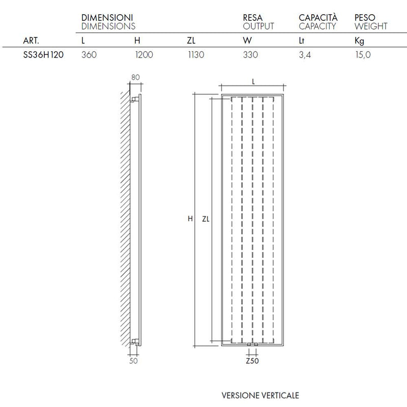 Termoarredo idraulico a piastra verticale modello TermoCrea Bianco 1200x360 mm interasse 50 mm By Scirocco by CeramicStore | Lo specialista del tuo bagno