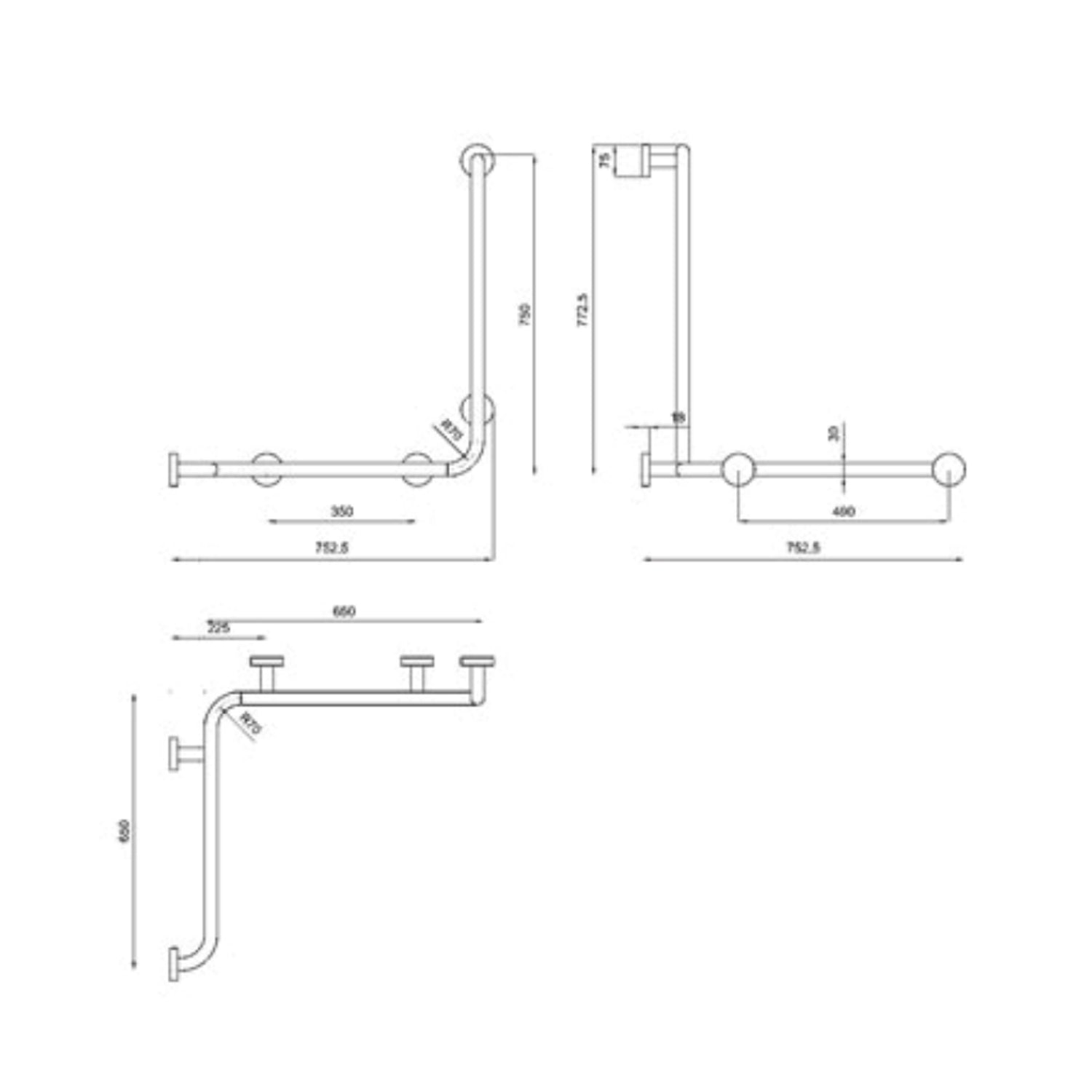 Corrimano ad angolo 752,5x752,5x772,5 mm con montante a destra in acetalico bianco by CeramicStore | Lo specialista del tuo bagno