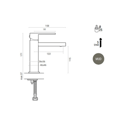 Miscelatore lavabo monocomando RubiFlux Square Mud con piletta di scarico click-clack - Grigio Fango by CeramicStore | Lo specialista del tuo bagno