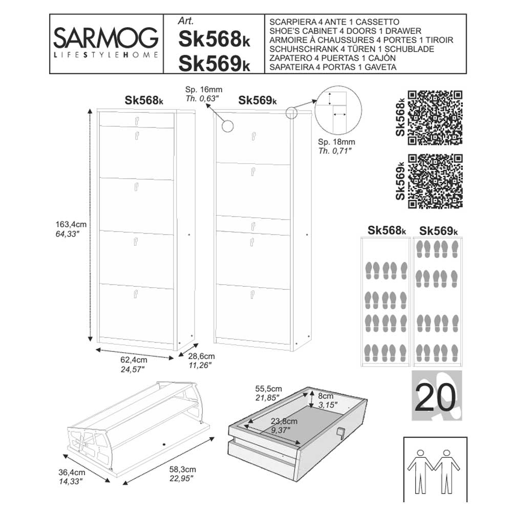 Elegante scarpiera a 4 ante + 1 Cassetto Centrale con maniglia satinata Profondità 29 cm finitura Noce Stelvio by Sarmog by CeramicStore | Lo specialista del tuo bagno