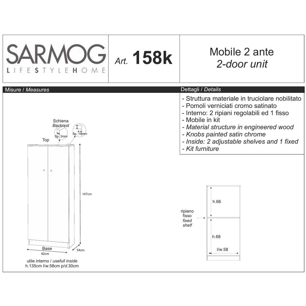 Mobile guardaroba a 2 ante e 3 Ripiani con maniglia cromata cm finitura Bianco Liscio by Sarmog by CeramicStore | Lo specialista del tuo bagno